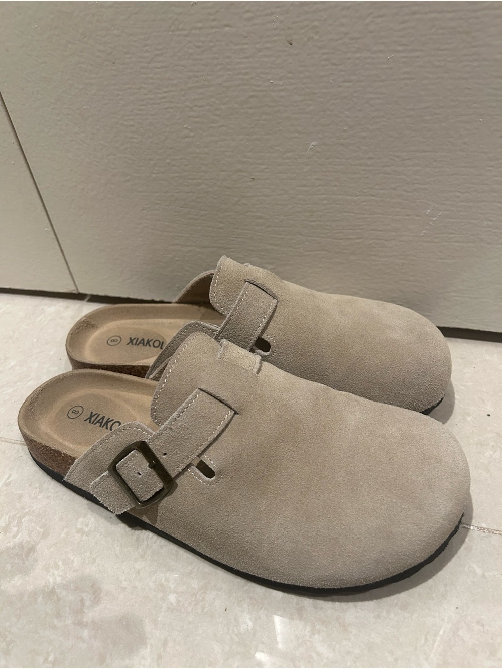 Beige Suede Slip-On Clogs with Buckle